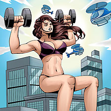 muscular giantess babe lifting weights under helicopter attack